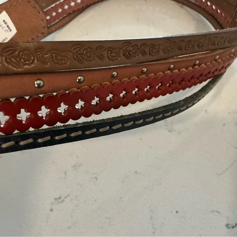 Fossil genuine leather belt red orange black brown brass tone buckle women’s S